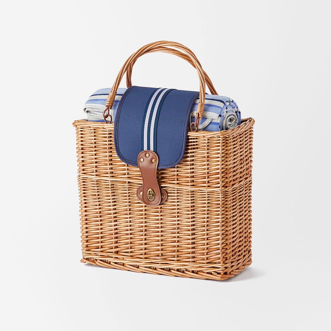 Shop Atticus Wicker Picnic Cooler with Picnic Rug Blue White Online Bed Bath N Table