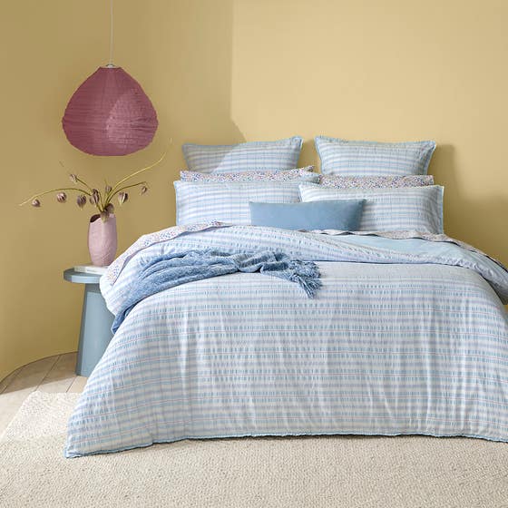 Myra Woven Stripe Quilt Cover - Soft Blue/Lilac