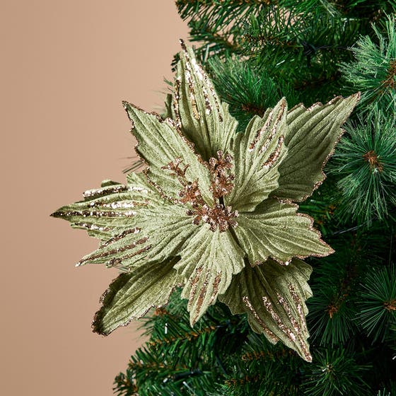 DECS_HT S4 Lrg Ribbed Velvet Poinsettia Clip · Sage